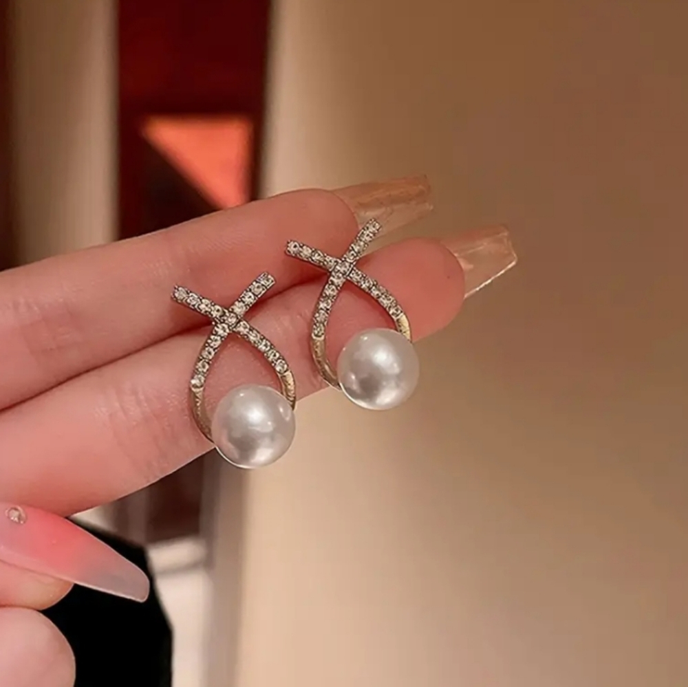Gold Rhinestone Pearl Earrings - Picture 2 of 7